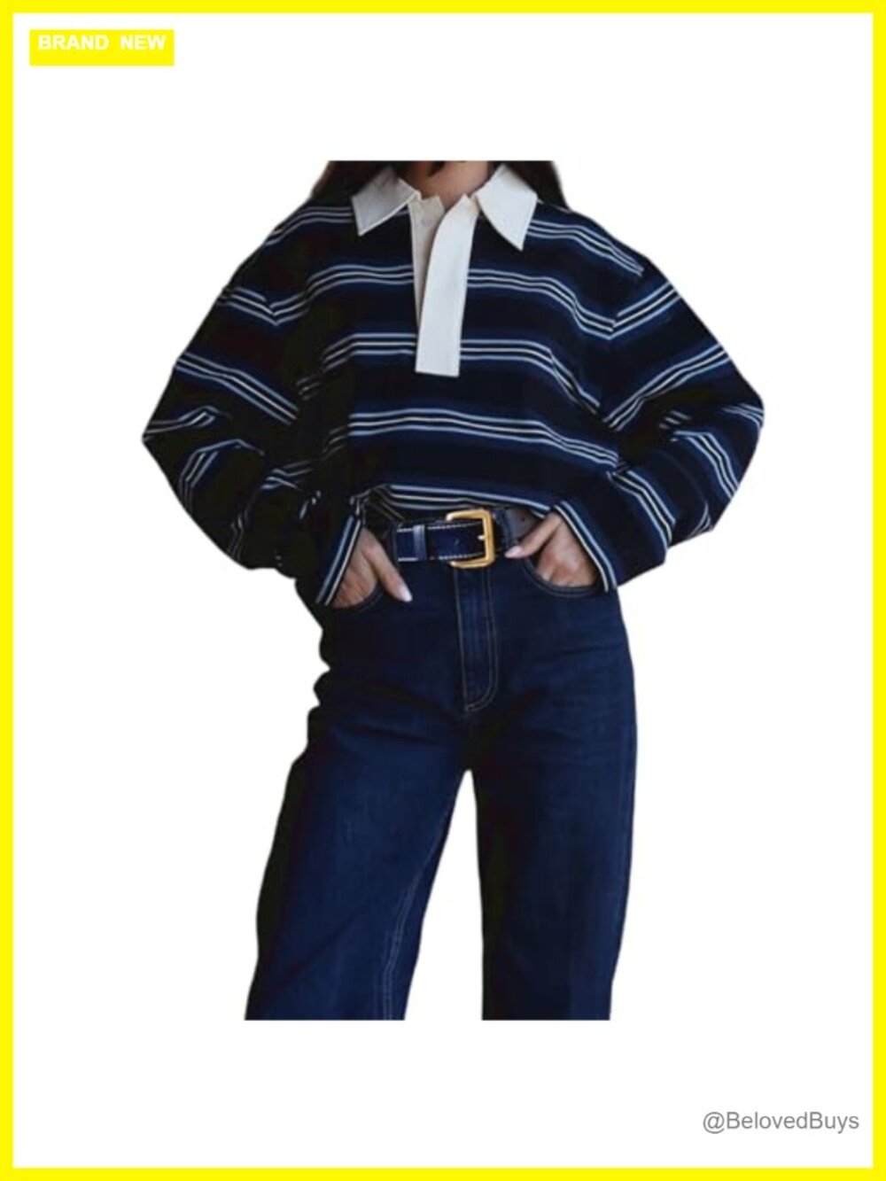 Striped Oversized V Neck Rugby Polo Pullover Top Long Sleeve Button Down